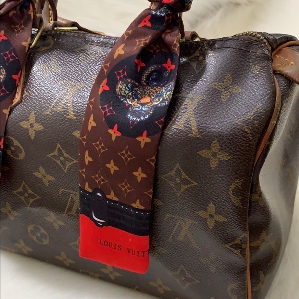 Brown & Red Flower Monogram Leopard Scarf Twilly​​​ - Picture 2 of 8